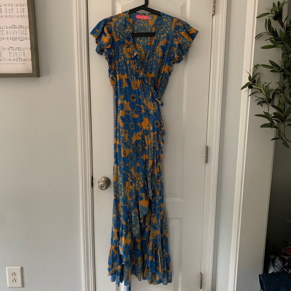 Feather & Find floral boho luxe ruffle Patterned Maxi wrap Dress blue orange L